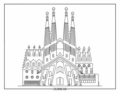 Disegno di Barcellona da colorare per bambini: La celebre Sagrada Família pronta da colorare con dettagli puliti e semplici