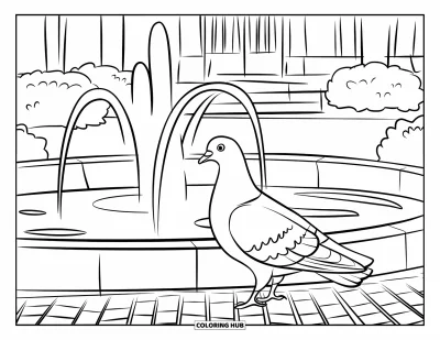 Disegno di Barcellona da colorare per bambini: Fontana senz'acqua e piccione in Plaça Catalunya con edifici ad arco sullo sfondo