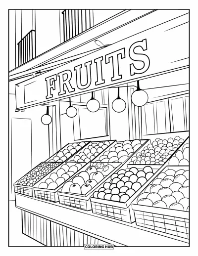 Disegno di Barcellona da colorare per bambini: La bancarella de La Boqueria esplode di arance, mele e banane