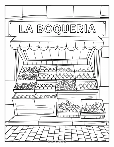 Disegno di Barcellona da colorare per bambini: Bancarella del mercato colma di uva, arance e cestini