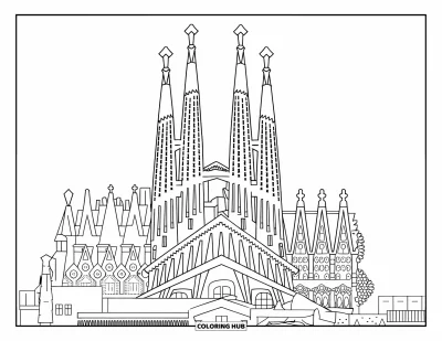 Disegno di Barcellona da colorare per bambini: Veduta moderna della Sagrada Família che si affaccia su un dinamico skyline cittadino