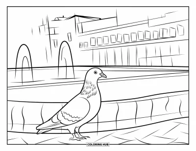 Disegno di Barcellona da colorare per bambini: Piccione alla fontana circondato da acciottolato e cespugli