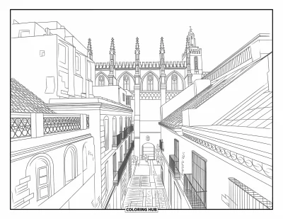 Disegno di Barcellona da colorare per bambini: Archi appuntiti, acciottolato e un campanile sopra un'animata via gotica