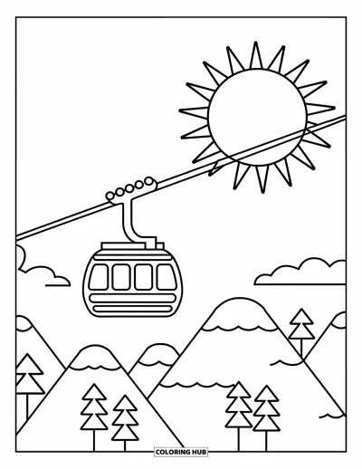 Disegno di Barcellona da colorare per bambini: Scena adatta ai più piccoli con funivia, colline rotonde e cielo soleggiato