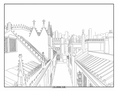 Disegno di Barcellona da colorare per bambini: Vista dal tetto rivela archi gotici, alberi ed edifici dello skyline moderno