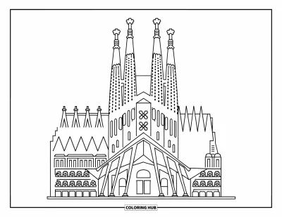 Disegno di Barcellona da colorare per bambini: Le guglie e le finestre della Sagrada Família disegnate con contorni semplici e robusti