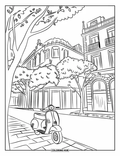 Disegno di Barcellona da colorare per bambini: Scooter allineati sul marciapiede di una strada piena di atmosfera