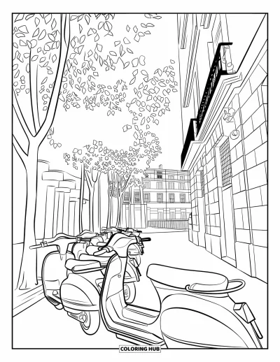 Disegno di Barcellona da colorare per bambini: Scooter, alberi ed edifici formano una via cittadina di Barcellona dall'atmosfera vivace