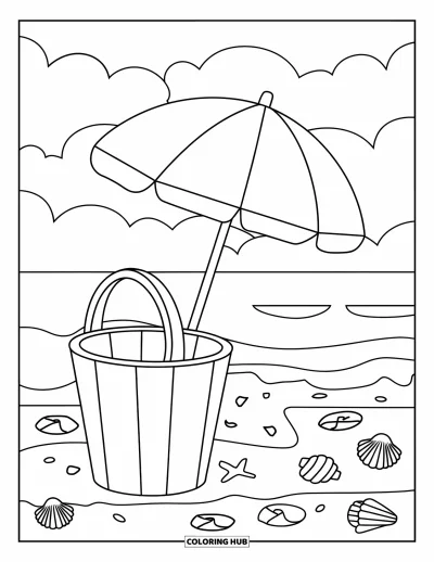 Disegno di Barcellona da colorare per bambini: Spiaggia semplice con cielo limpido, ombrellone grande e conchiglie deliziose