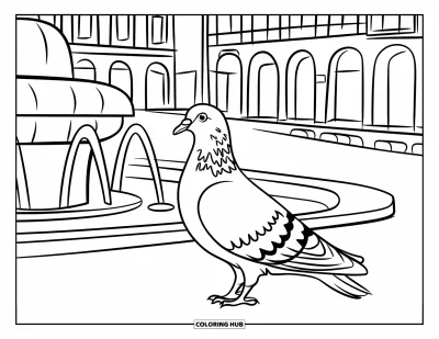 Disegno di Barcellona da colorare per bambini: Fontana semplice con piccione e archi sullo sfondo