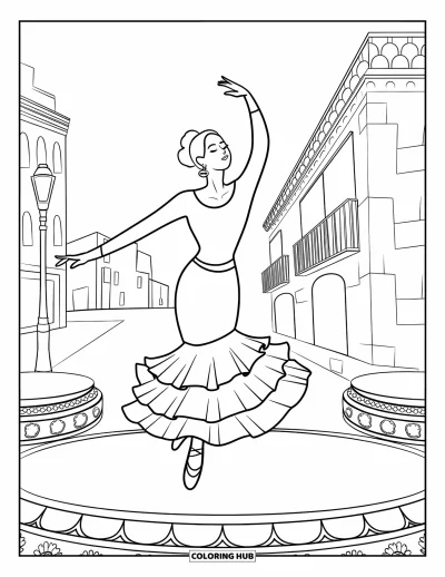 Disegno di Barcellona da colorare per bambini: Ballerina che volteggia in un abito con rouches si esibisce su un palco di strada
