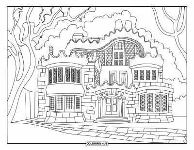Disegno di Barcellona da colorare per bambini: Casa in pietra con finestre curve e alberi frondosi nelle vicinanze