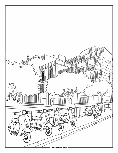 Disegno di Barcellona da colorare per bambini: Via con scooter, alberi ed edifici dettagliati tutto intorno