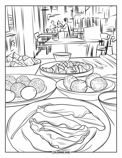 Disegno di Barcellona da colorare per bambini: Piatti di tapas con prosciutto, formaggio e crocchette riempiono un locale animato