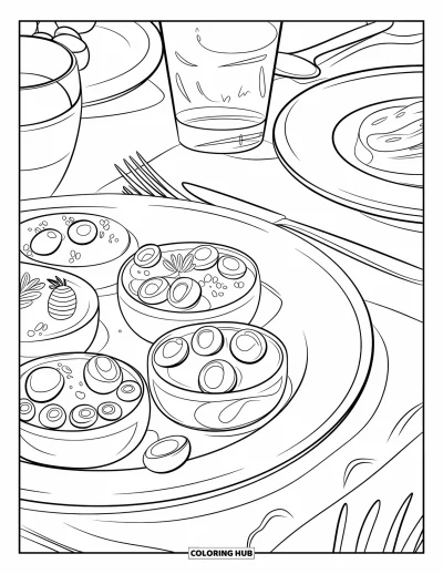 Disegno di Barcellona da colorare per bambini: Piatto di tapas con olive e peperoni servito a un tavolo di ristorante vivace