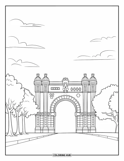 Disegno di Barcellona da colorare per bambini: Arco trionfale e alberi disegnati con tratti netti per un divertente colorare facile