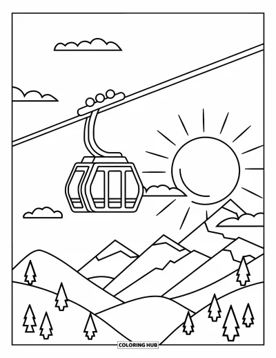 Disegno di Barcellona da colorare per bambini: Funivia a due cabine che vola sopra colline e nuvole nel cielo