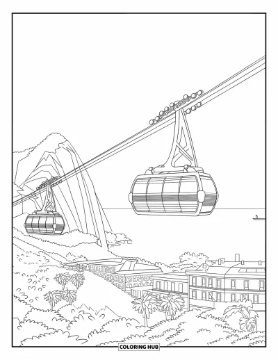 Disegno di Barcellona da colorare per bambini: Due cabine attraversano il Montjuïc con torri e tetti nelle vicinanze