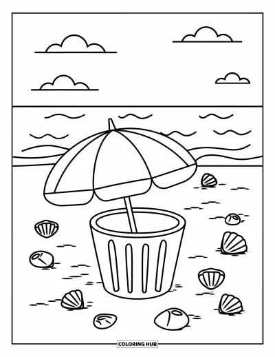 Disegno di Barcellona da colorare per bambini: Ombrellone e secchiello posati sulla sabbia punteggiata di conchiglie e nuvole