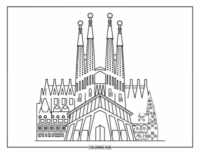 Disegno di Barcellona da colorare per bambini: Torri e finestre della Sagrada Família in linee vivaci e decise