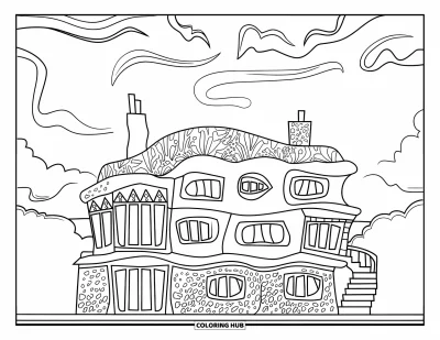 Disegno di Barcellona da colorare per bambini: Linee ondulate e scala a spirale decorano una casa a due piani in stile Gaudí
