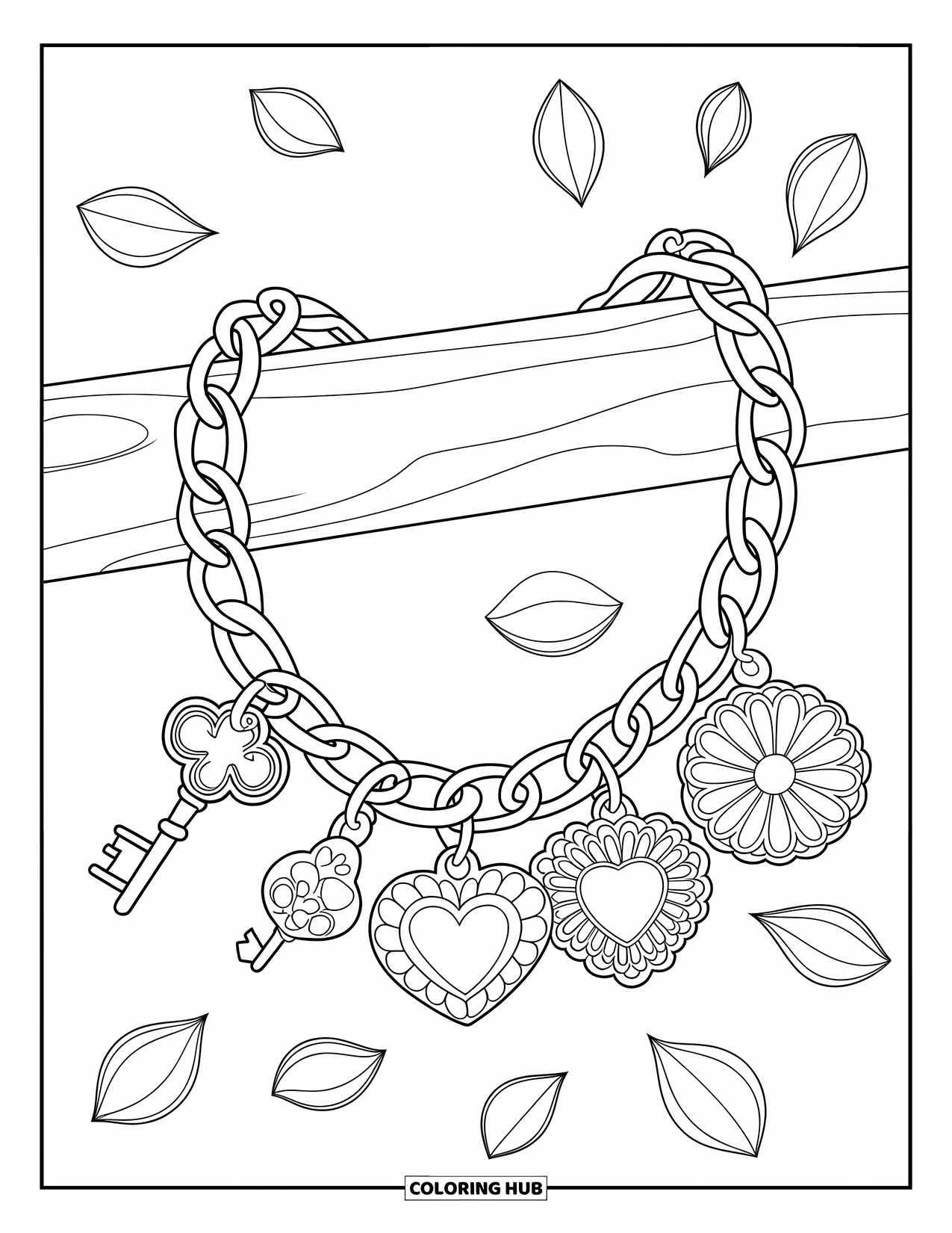 Bracelet Coloring Page for Adults: A charm bracelet with key, flower, and heart wraps around a wooden dowel