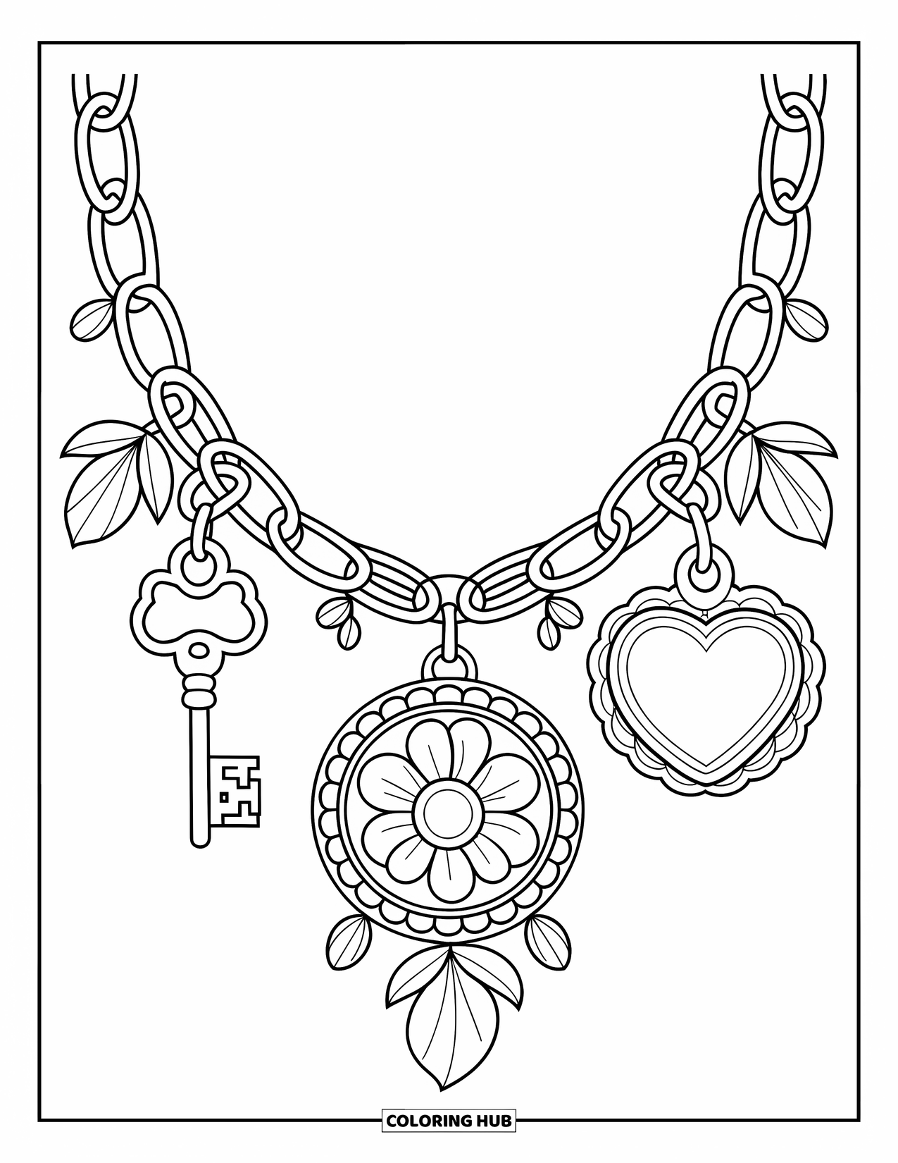 Bracelet Coloring Page for Adults: Ornate charms dangle from a bracelet surrounded by vines and petals in a white frame
