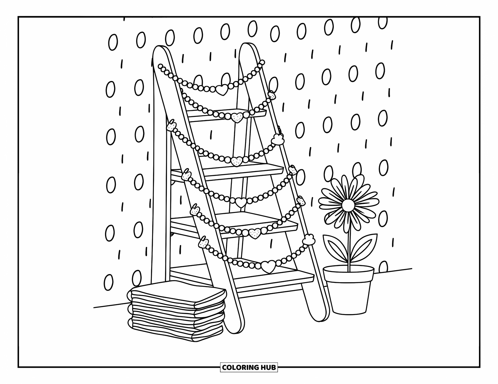 Bracelet Coloring Page for Adults: Tiny bracelets dangle from a ladder shelf, with handkerchiefs and a potted flower nearby