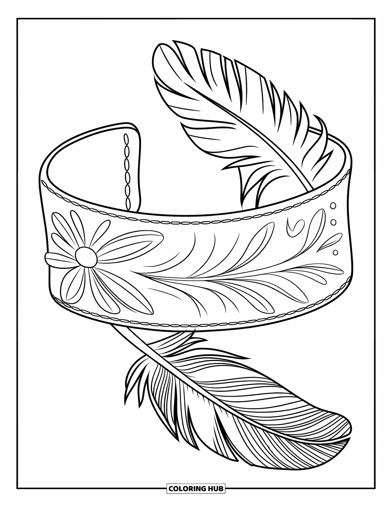 Bracelet Coloring Page for Kids: A leather cuff bracelet shows off flower and feather designs
