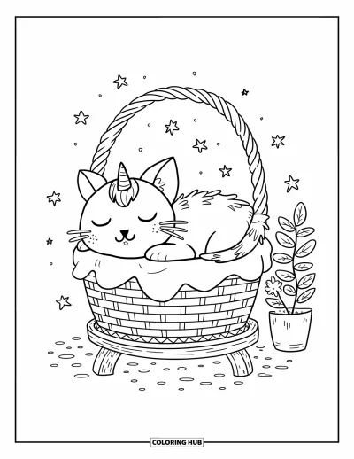Coloriage de caticorn pour adultes : Un caticorn calme fait une sieste dans un panier garni de coussins près d'une plante, entouré de petites étoiles