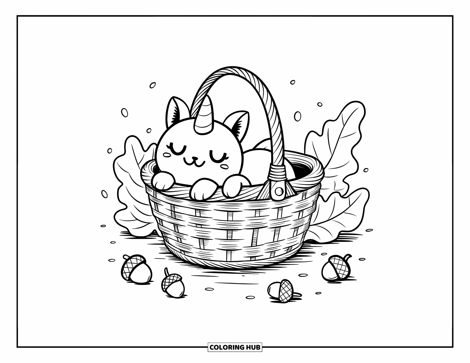 Caticorn Coloring Page for Adults: A calm caticorn perches in a basket surrounded by scattered acorns and soft leaves