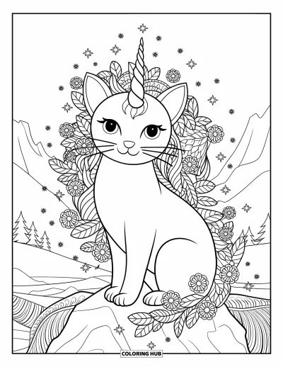 Coloriage de caticorn pour adultes : Un caticorn calme se repose sur un rocher entouré de fleurs, d'étincelles et de panoramas montagneux