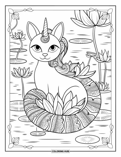 Coloriage de caticorn pour adultes : Un caticorn calme avec une queue ornée de motifs est allongé près d'un étang et de bordures décoratives