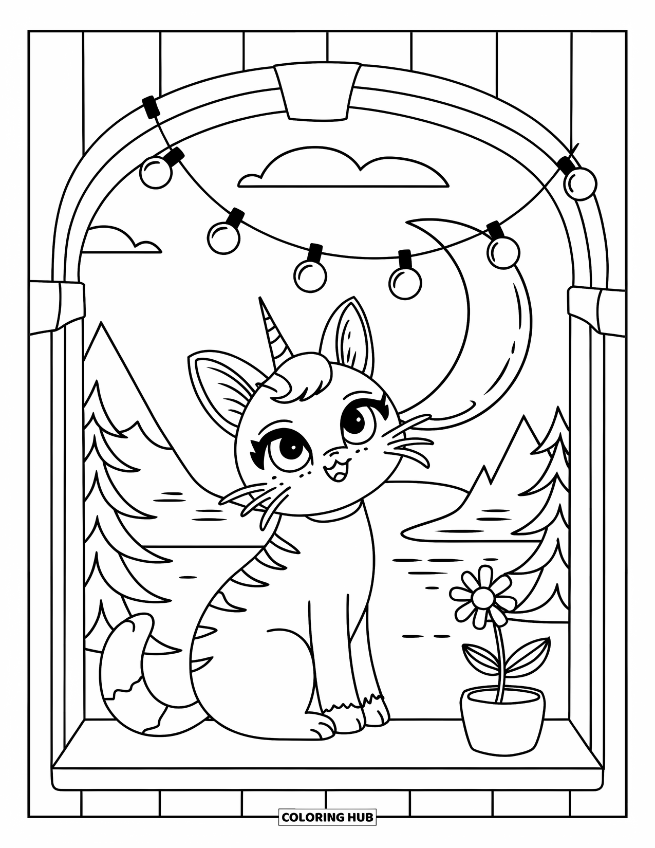 Caticorn Coloring Page for Adults: A caticorn looks out at the crescent moon with fairy lights and a flower nearby