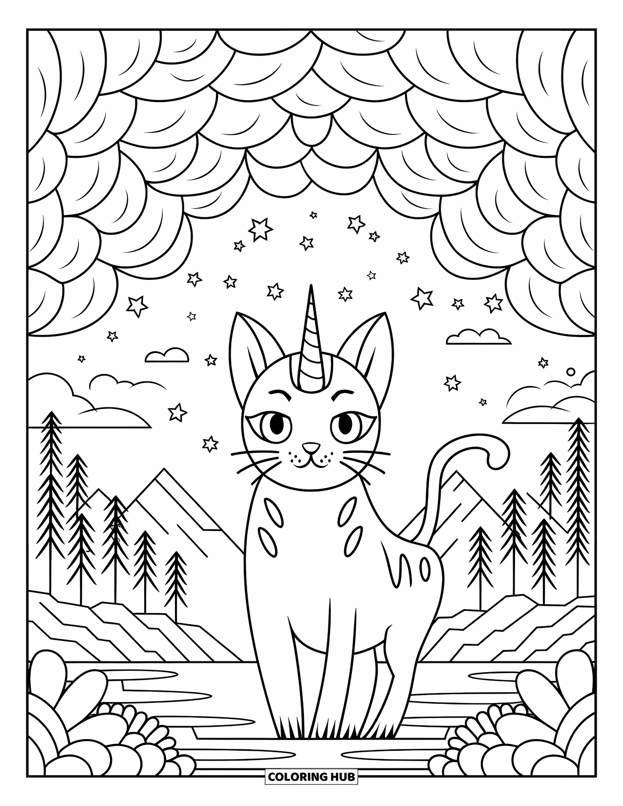 Caticorn Coloring Page for Adults: A caticorn stands under a leaf canopy with mountains and water in the distance