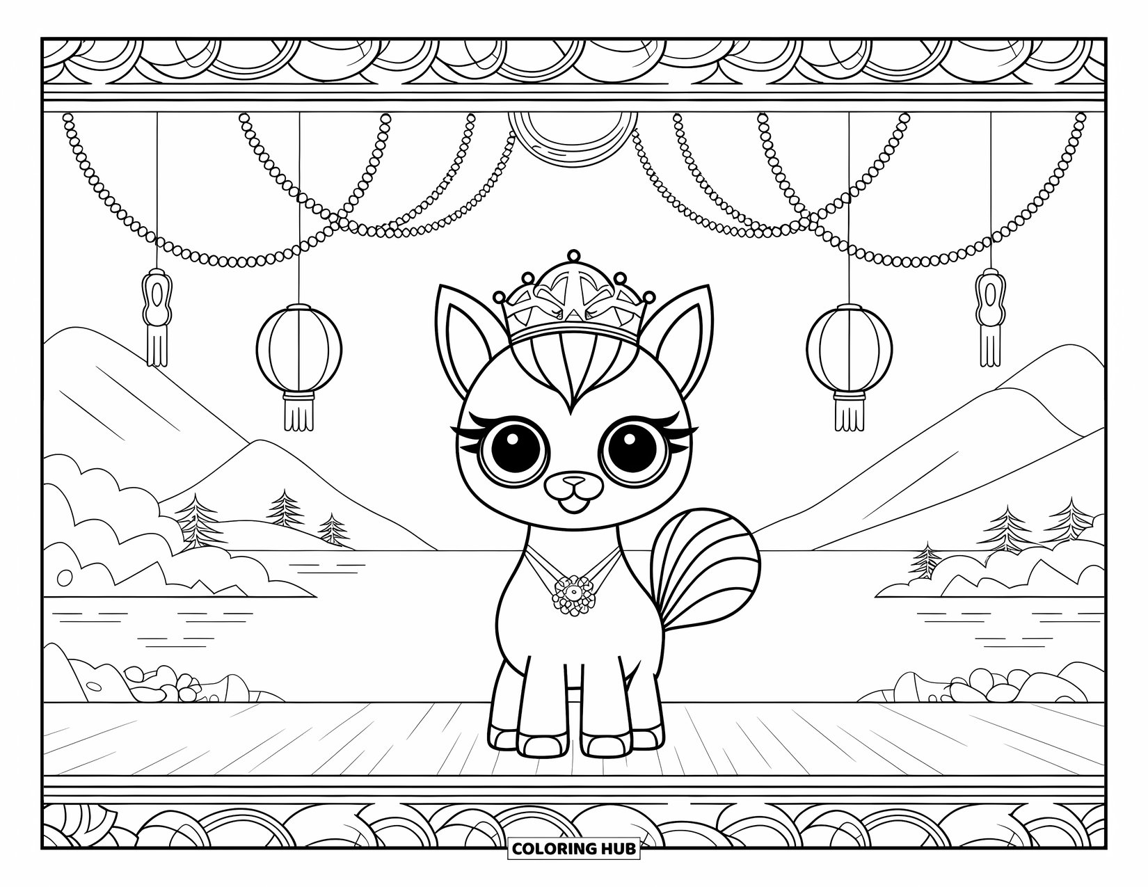 Caticorn Coloring Page for Adults: A crowned caticorn stands beneath lanterns with mountains and trees in the distance