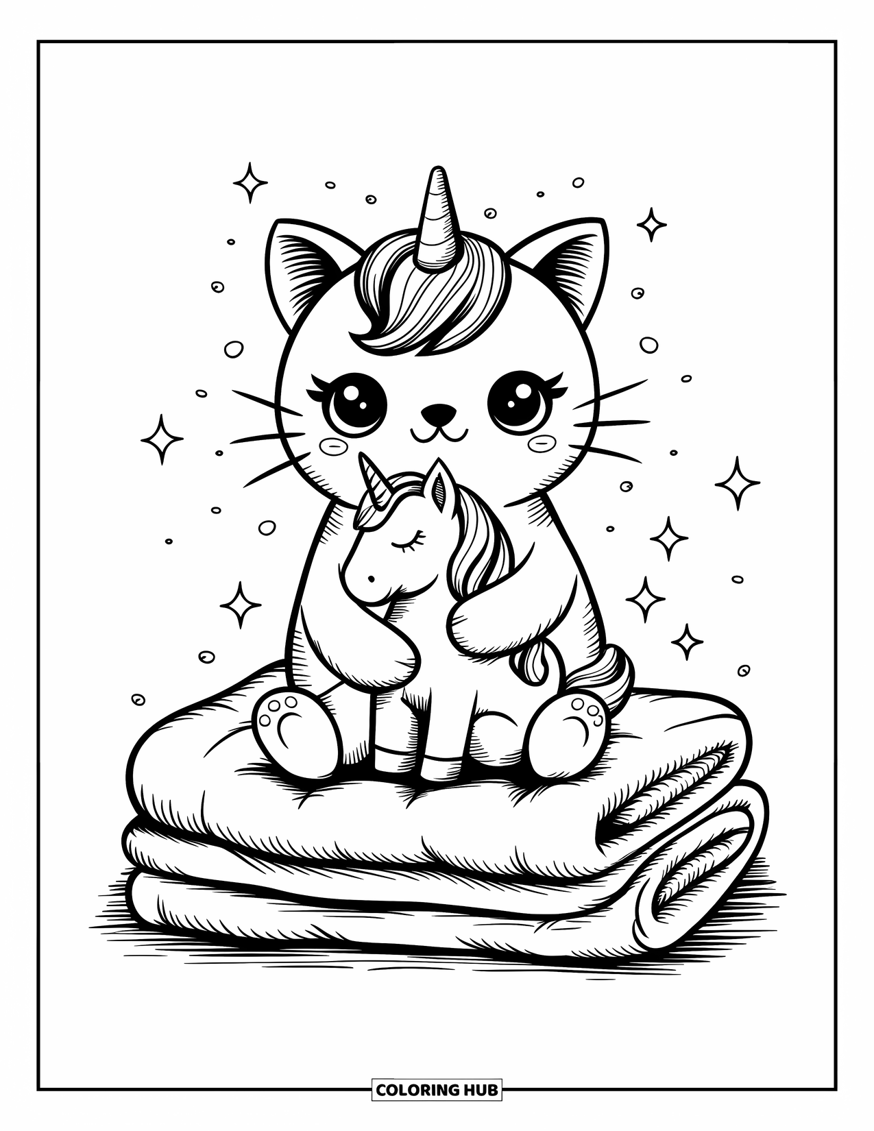 Caticorn Coloring Page for Adults: A gentle caticorn sits on soft blankets, cradling a tiny unicorn plush with sparkles around