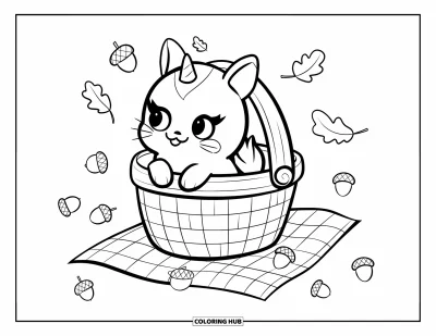 Coloriage de caticorn pour adultes : Un caticorn heureux avec une mine espiègle se repose dans un panier sur une nappe à carreaux