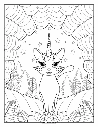 Coloriage de caticorn pour adultes : Un caticorn mystérieux se tient sous des arches de feuilles et un ciel étoilé