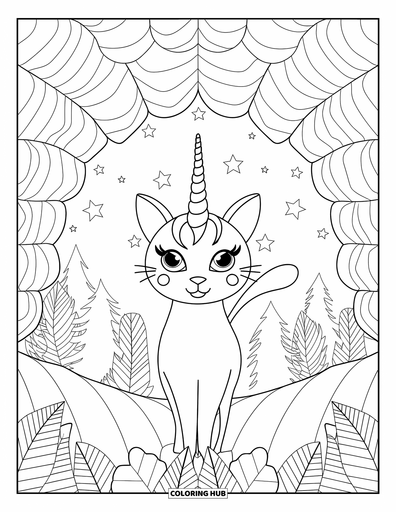 Caticorn Coloring Page for Adults: A mystical caticorn stands beneath leafy arches and a sky filled with stars