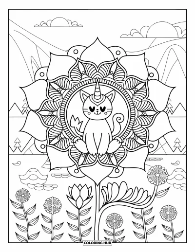 Coloriage de caticorn pour adultes : Un caticorn paisible se repose sur un mandala de lotus avec des montagnes et des fleurs à proximité