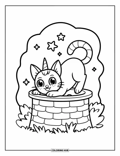 Coloriage de caticorn pour adultes : Un caticorn espiègle se penche sur un petit puits à souhaits pendant que des étoiles s'élèvent dans les airs