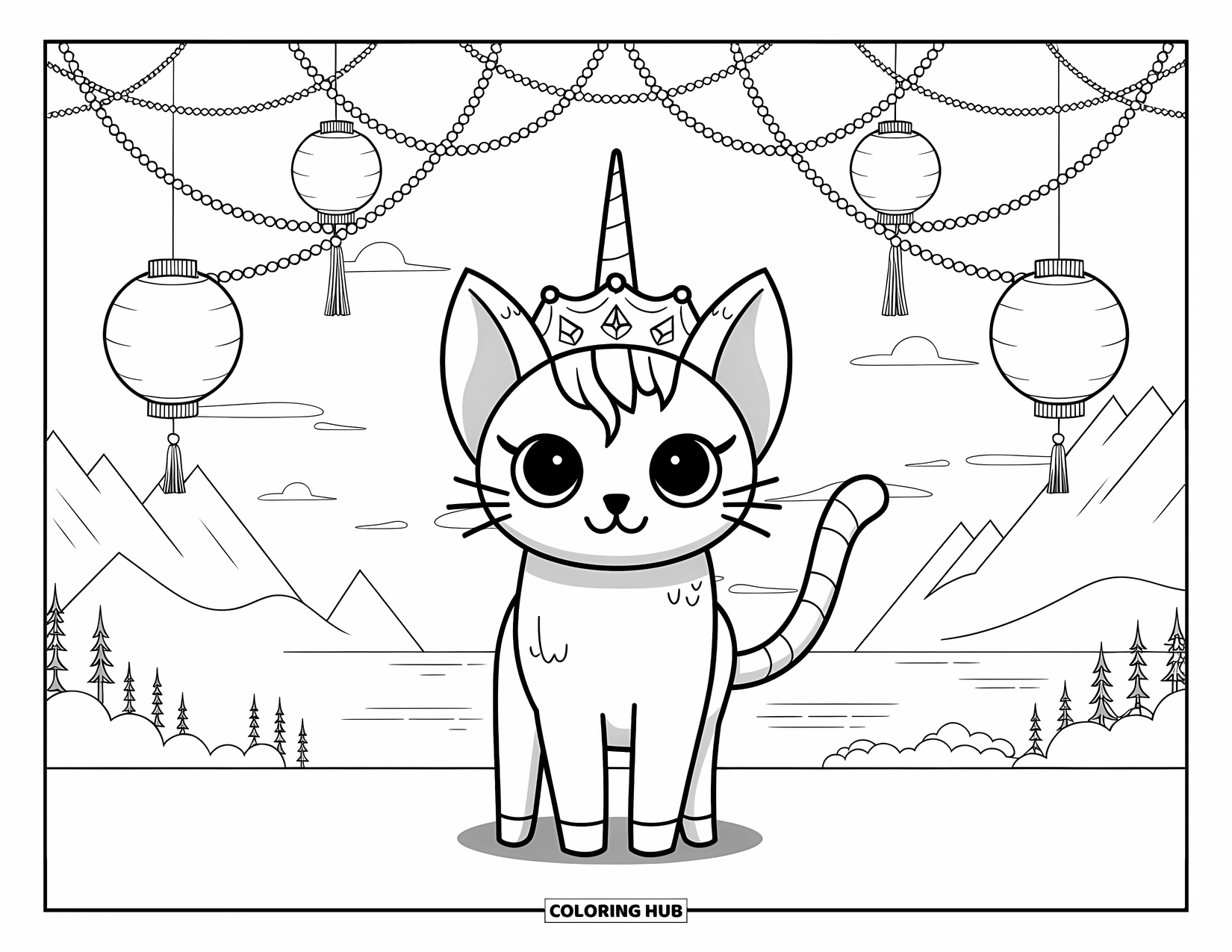 Caticorn Coloring Page for Adults: A regal caticorn with a crown stands under lanterns in a peaceful landscape