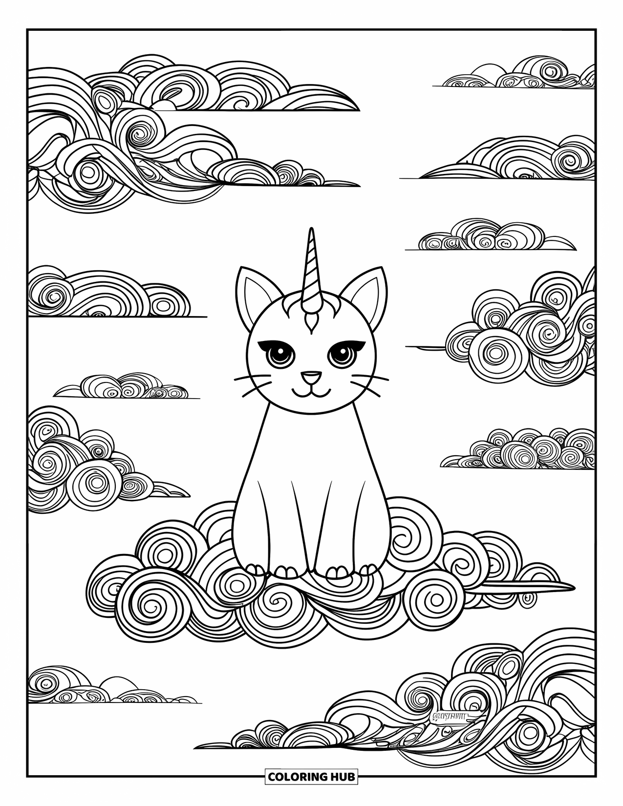 Caticorn Coloring Page for Adults: A relaxed caticorn rests among patterned zentangle clouds with bold swirling designs