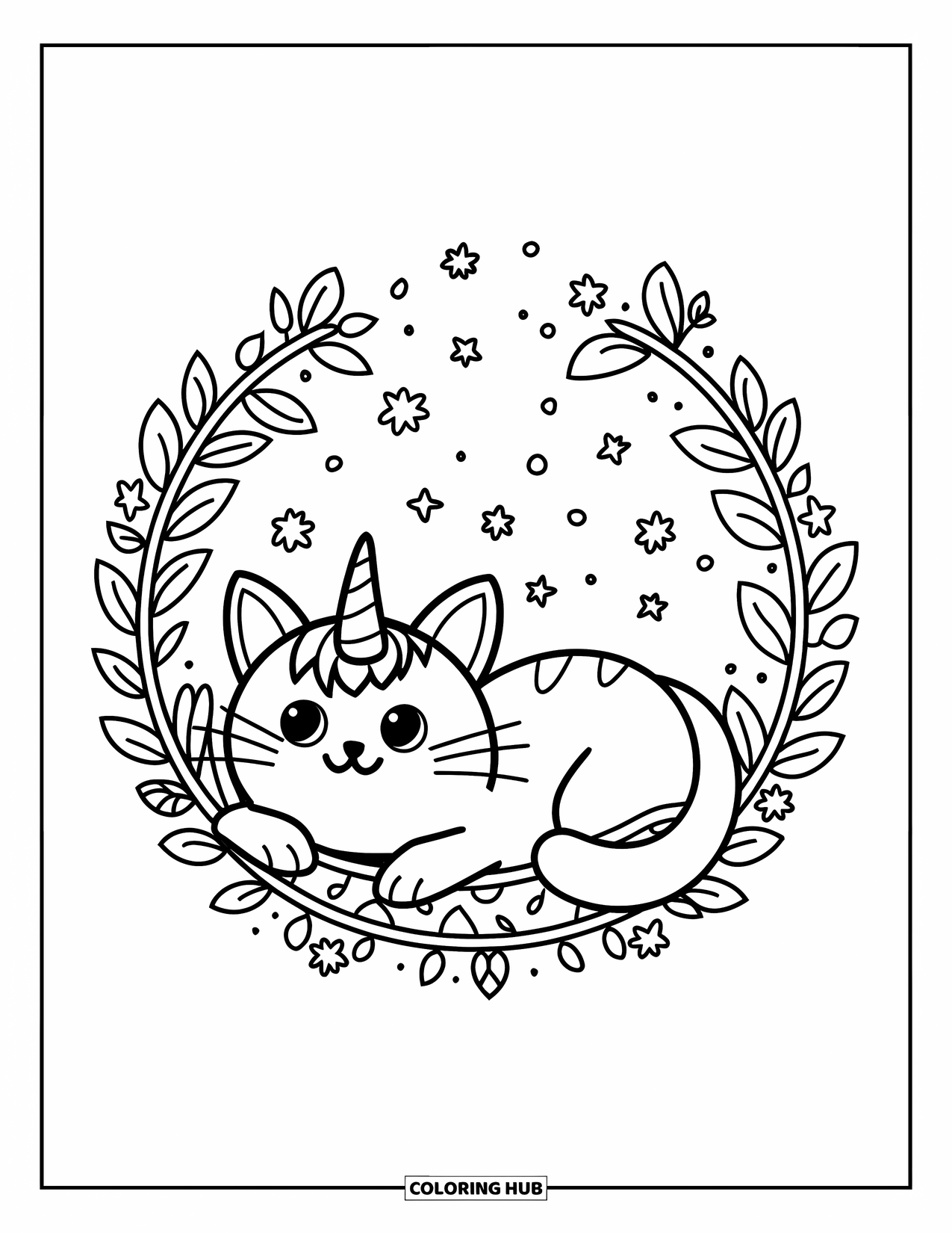 Caticorn Coloring Page for Adults: A relaxed caticorn rests in a circular wreath, tail wrapped gently around the edge