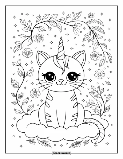 Coloriage de caticorn pour adultes : Un caticorn serein est assis sur un nuage entouré de lianes fleuries et d'étincelles
