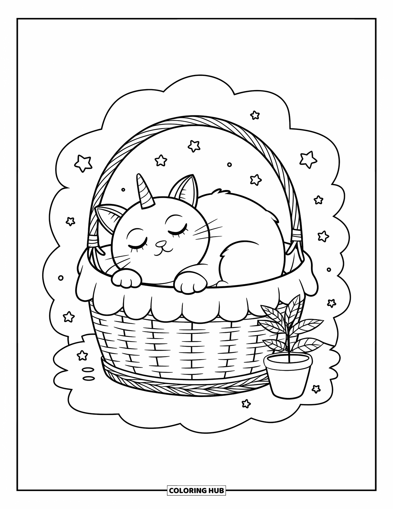 Caticorn Coloring Page for Adults: A sleepy caticorn curls in a basket with stars and a plant on a soft, cloud-like base