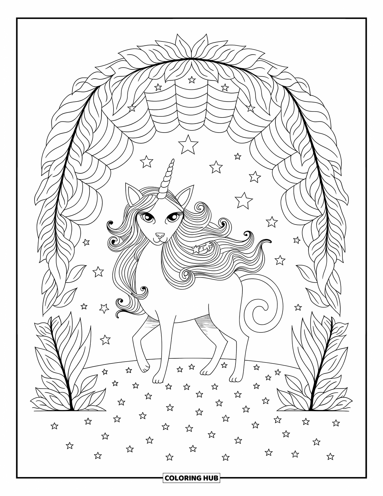 Caticorn Coloring Page for Adults: A star-maned caticorn stands under a leafy arch as stars scatter across the ground