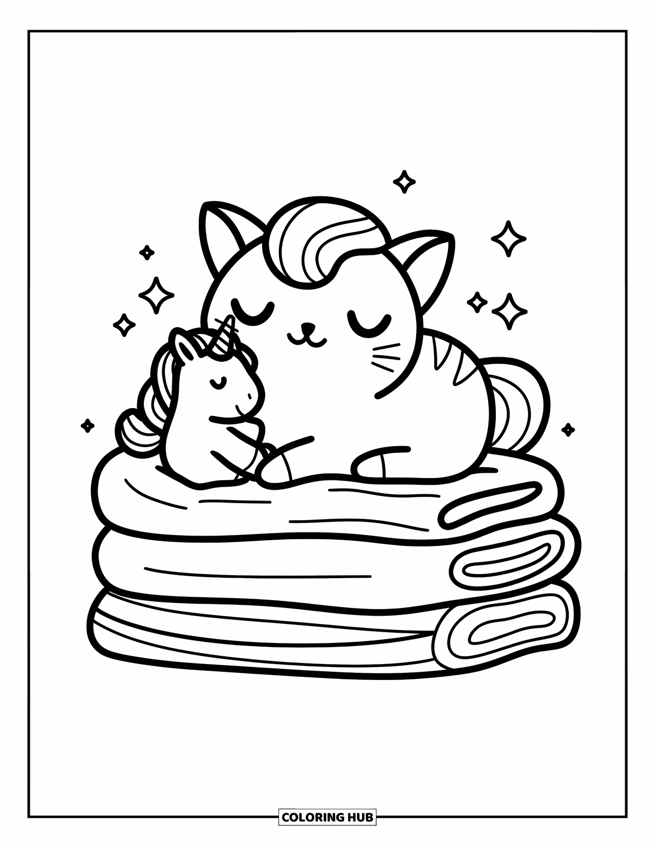 Caticorn Coloring Page for Adults: A sweet caticorn holds a stuffed unicorn while relaxing on a stack of cozy blankets