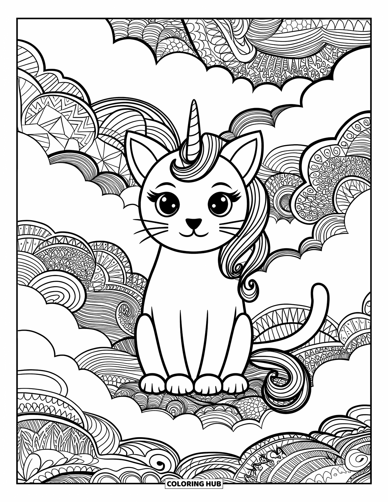 Caticorn Coloring Page for Adults: A tranquil caticorn sits in the center of swirling zentangle clouds and dreamy patterns